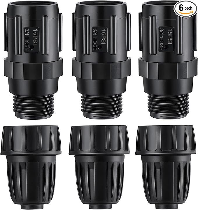 Drip Irrigation Pressure Regulator Faucet Adapter Kit, 3/4" FHT x 3/4'' MHT Pressure Regulator, 1/2 Inch Drip Irrigation Tubing Adapter(15 Psi,6 Pcs)