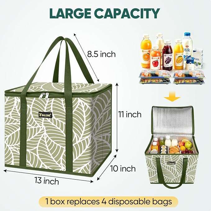 BALEINE 3Pk Insulated Reusable Grocery Bags, Foldable Shopping Bags for Groceries with Reinforced Bottom & Handles (Antique Foliage)