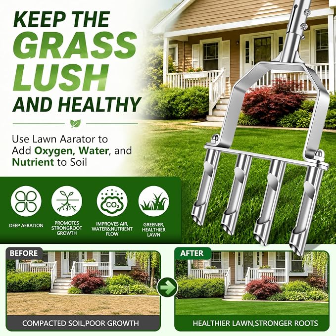 Stainless Steel Aerator Lawn Tool with 4 Heavy-Duty Hollow Tines,Anti-Clogging Core Aerator,Ergonomic Design Lawn Aerator,Semi-Assembled Lawn Aerator Tool for Lawn Garden Yard Patio