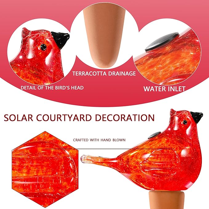 Plant Watering Globes, Bird Glass Self Watering Planter Insert - for Indoor & Outdoor Plants - Glass Plant Water Globes for Daily Use, Planter Spikes to Support Indoor & Outdoor Plant Health, Red
