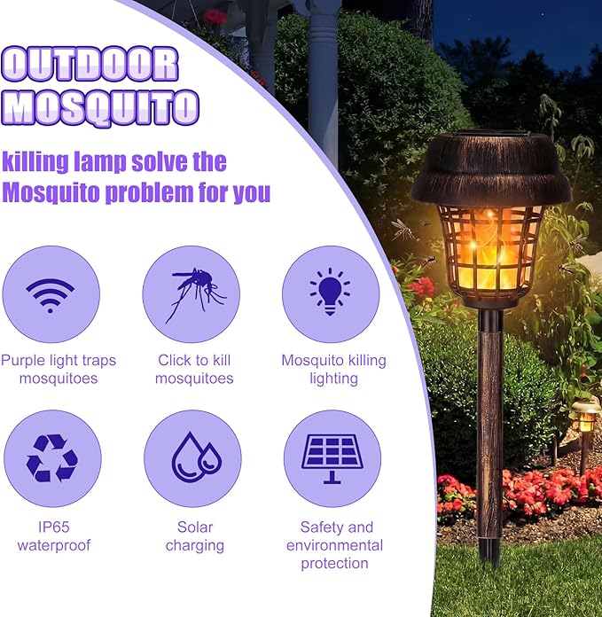 Qualirey 12 Pcs Solar Mosquito Zapper Outdoor Waterproof Solar Powered Bug Zapper Outdoor Mosquito Killer Lamp Trap Repellent Light for Garden Yard Insect (Purple and Flame Light,Bronze)