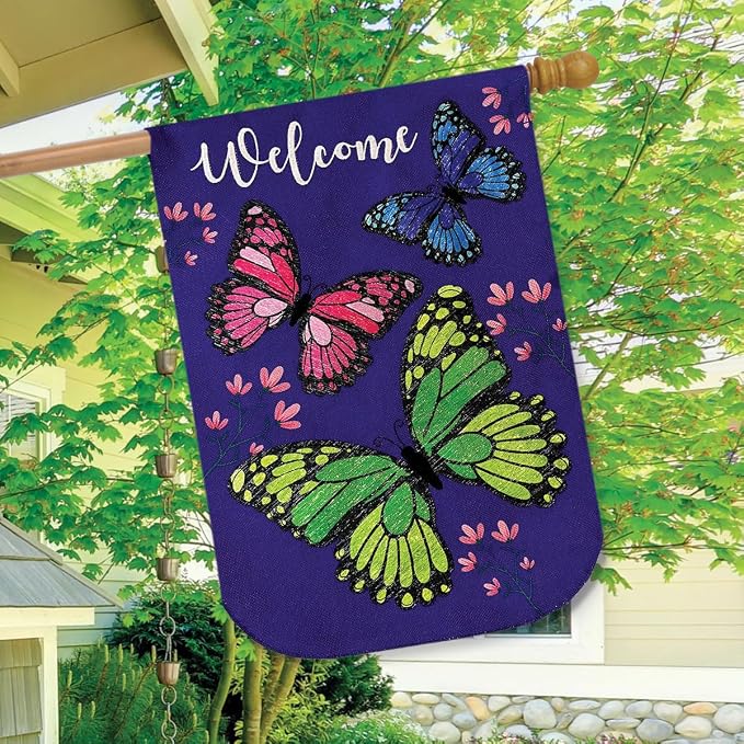 Butterfly Trio Spring Burlap House Flag 40" x 28" Briarwood Lane