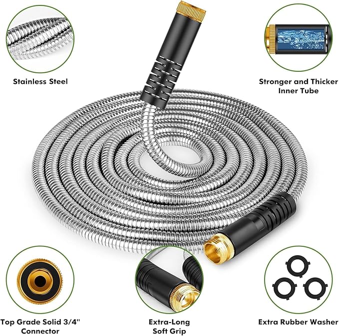 Unywarse Garden Hose 200ft, Stainless Steel Heavy Duty Water Hose with 10 Function Nozzle Flexible, Lightweight, No-Kink, Pet Proof, Puncture Proof Metal Hose for Yard, Outdoor