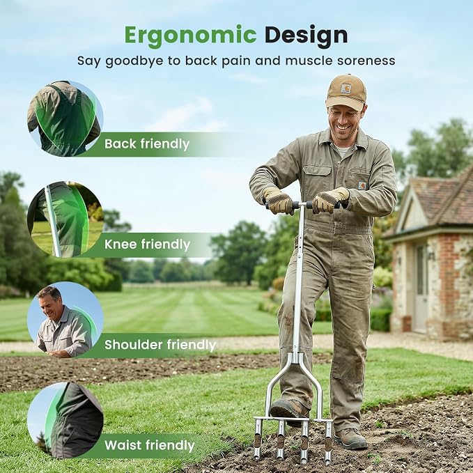 Manual Lawn Core Aerator with 4 Hollow Tines, Adjustable Height Grass Aeration Tool with Widened Footrest, Heavy Duty Plug Aerator for Lawn Yard Soil Compaction Relief