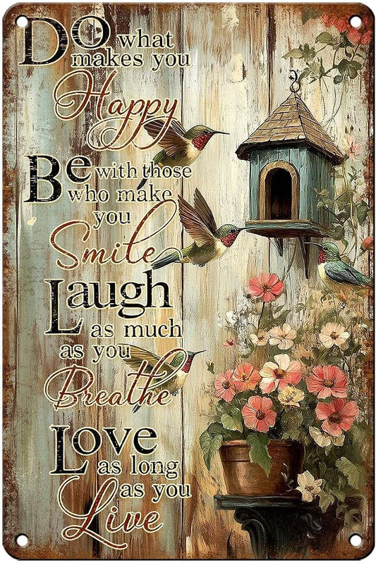 Garden Signs for Outside Vintage Hummingbird Tin Sign Inspirational Wall Decor Do What Makes You Happy Metal Decor Rustic Farmhouse Floral Wall Art for Garden Home Decoration 12x8 Inch