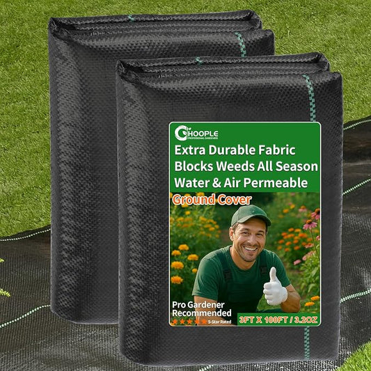 HOOPLE 3FT x100FT Weed Barrier Landscape Fabric Heavy Duty 3.2oz - Woven Polypropylene Ground Cover for DIY Gardening, Commercial Driveways, Erosion Control | Landscaping Fabric with Grommet Edges