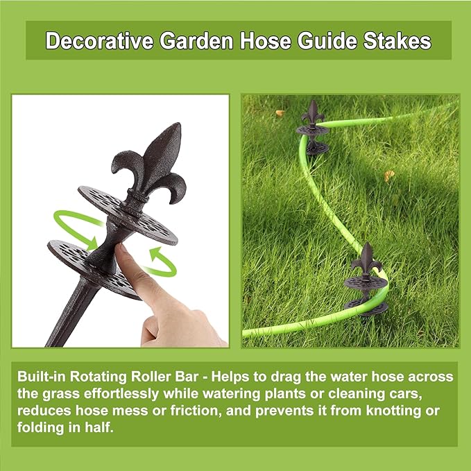OwnMy Set of 2 Cast Iron Garden Hose Guide Stakes Heavy Duty, Decorative Garden Hose Guide Spikes for Lawn Yard Outside Plants Protection - Keeping Hoses Away from Flower Beds, Spear-Pattern