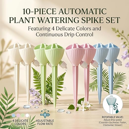 Self Watering Spikes for Plant - Automatic Plant Watering Spikes Devices with Adjustable Control Valve Switch for Indoor & Outdoor Potted Plants! (3 Each of Pink, Green 2 Each of Blue, White)