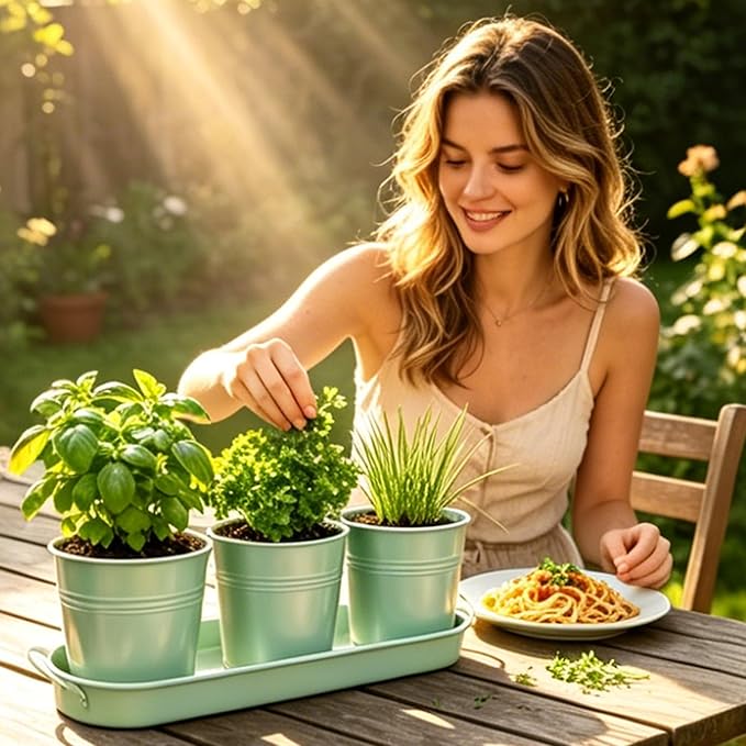 TCBWFY Indoor Herb Garden Planter Set - 3 Pack 4.7" Green Metal Plant Pots with Drainage Holes & Removable Tray - Windowsill Kitchen Counter Balcony Office Garden