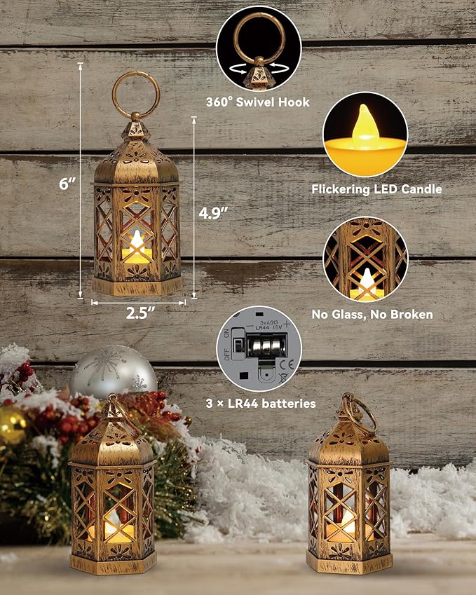 8-Pack Mini Lanterns, Small Decorative Lanterns with Flickering LED Candles for Ramadan, Christmas, Wedding, Hanging Moroccan Lantern, Table Centerpiece, Baby Shower Decorations, Bronze