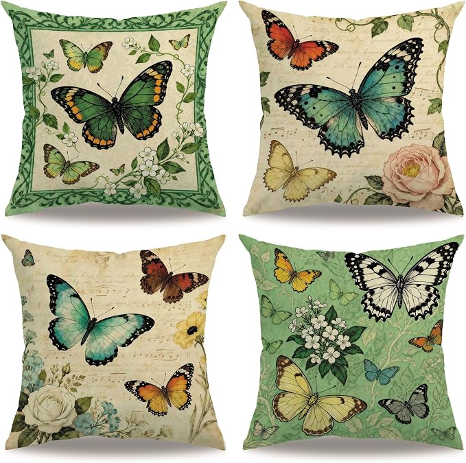 Vintage Butterfly Throw Pillow Cover 18x18 inch,Watercolor Bloom Flowers Garden Cushion Cover Farmhouse Nature Theme Spring Home Decorative Pillowcase ,4Pack for Sofa Couch Porch Patio (Beige)