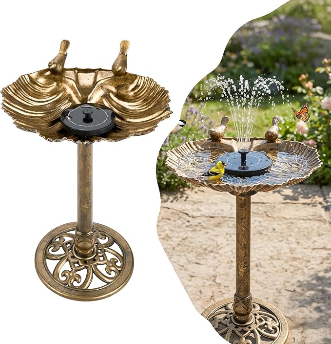 VINGLI Pedestal Bird Bath, Copper Resin Birdbaths Weather Resistant Floral Accents and Vintage Finish Garden Decor for Outdoor Lightweight Courtyard (Copper-Shell-Shaped with Solar Pump)