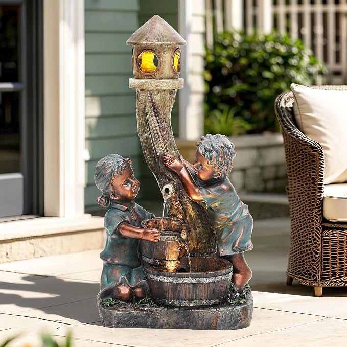 31" H Boy & Girl Outdoor Water Fountain with LED Lights, Faux Bronze Resin Statue Fountain, Wood Barrel & Pagoda Design, 3-Tier Cascading Waterfall for Serene Patio, Yard and Porch