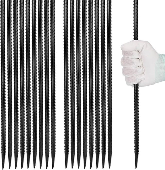 Homwin 16 inches Rebar Stakes 18-Pack Heavy Duty Ground Stakes Rebar Spikes Garden Stakes Metal Steel Stake for Concrete and Timber Straight Black