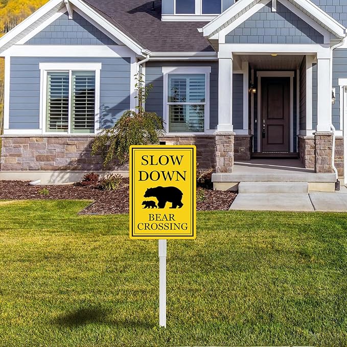 Bear Crossing Sign With Stakes Slow Down Sign For Neighborhoods Reflective Rustproof Aluminium Yard Garden Stake Caution Sign Wild Lawn Walkway Decorations Animal Signs 8X12 IN
