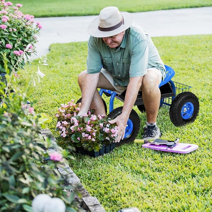S AFSTAR Rolling Garden Seat, Outdoor Lawn Yard Patio Work Swivel Seat with Heavy Duty Wheels, Tool Tray & Basket, Garden Cart Wagon Scooter (Blue)