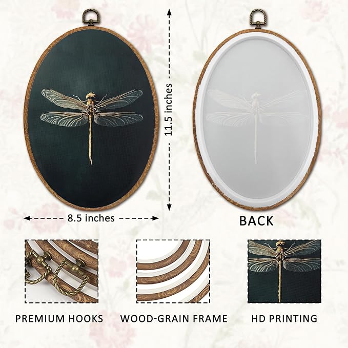 DOFQZ Dark Academia Dragonfly Round Wall Art Decor, Vintage Moody Insect Framed Wall Art, Minimalist Gothic Dragonfly Canvas Wall Hanging Decor for Home Bedroom Living Room, 8.6x11.4