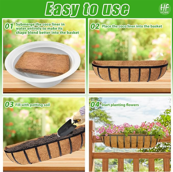 HFHOME 30" Deck Railing Planter Box with Horse Trough Coco Liners, Black Window Box Metal Hanging Flower Planters Baskets for Indoor, Outdoor, Balcony, Porch, Fence, Patio, and Lawn (Set of 2)