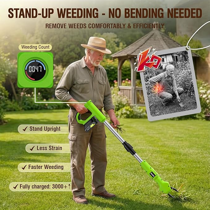 Ausic Electric Weed Puller Tool, No Bending Weed Remove Tool, Stand Up Weed Puller Tool with Long Handle, One Charge Pulls 3000+ Weeds Wacker, Garden Weed Picker Tool for Lawn, Yard and Farm