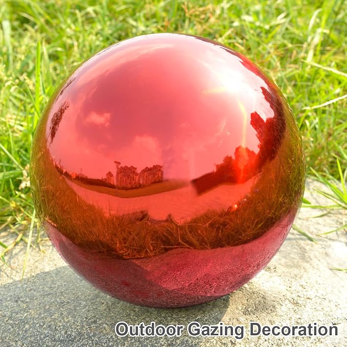 Nerien 10 Inch Gazing Ball, Stainless Steel Garden Mirror Globe, Polished Ornament Sphere, Hollow Floating Reflective Hemisphere, Home Outdoor Pond Housewarming Swimming Pool Decoration Gift, Red