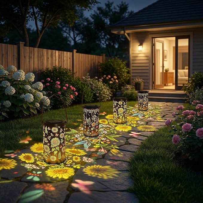 2 Pack Colorful Solar Lanterns Outdoor Waterproof, Garden Decor Gifts for Women Mom Grandma - LED Sunflower and Hummingbird Solar Powered Lights Metal Hanging Lantern for Outside Garden Patio Yard