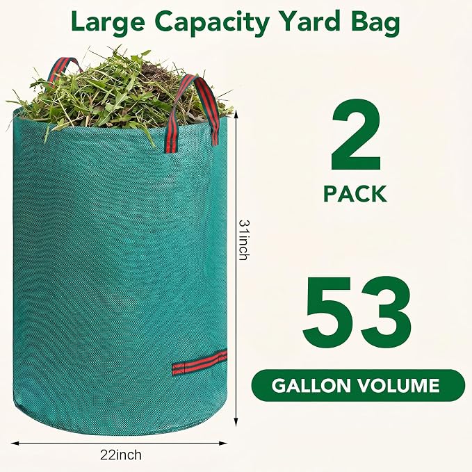 Dntorx 53 Gallons Reusable Yard Waste Bags, 2 Packs Lawn and Leaf Bags With Reinforced Handles, Collapsible Garden bag For Leaves,Grass,Storm Debris,Construction Waste, Standable&Foldable