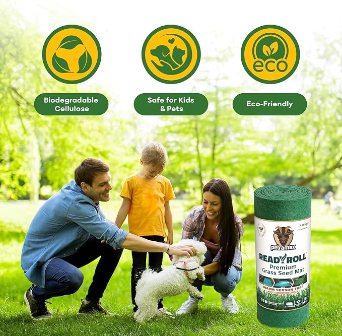 Petramax ReadyRoll Biodegradable Bermuda Grass Seed Mat for Southern Lawn 54 Sq ft. 3-in-1 Grass Seed Rolls w/Mulch & Fertilizer - Perennial Rye, Tall Fescue Blend - Heat Tolerant Lawn Repair Patch