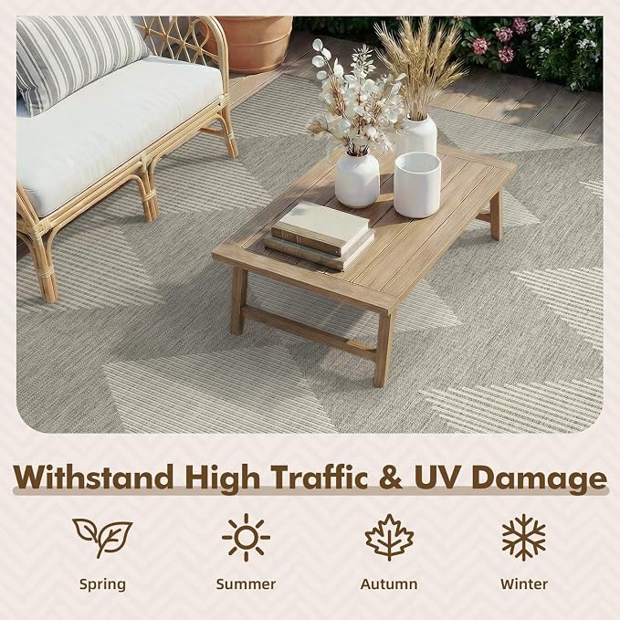 MontVoo-Outdoor Rug Carpet Patio Rug 5x7 ft Polypropylene Indoor Outdoor Rugs for Patio Deck Balcony Porch, Textured Weave, Durable for High Traffic, Fade-Resistant, Boho Geometric Silver Grey