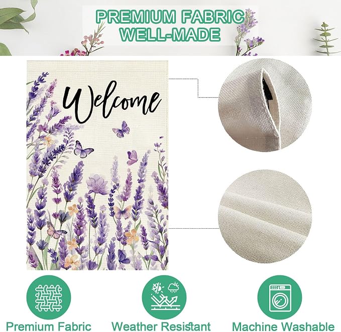 Baccessor Spring Lavender Welcome Garden Flag 12.5 x 18 Inch Double Sided Purple Floral Flower Butterfly Farmhouse Small Burlap Yard Flag Holiday Seasonal Outdoor Outside Decoration