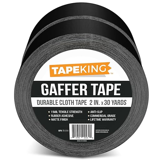 Tape King Gaffers Tape (Black) | 2 Inch Wide x 30 Yards Per Roll (180 Ft) Pro Gaff Tape | Durable Cloth Matte Black Tape with Strong Rubber Adhesive for Events, Cables, and Decorations (2 Pcs)