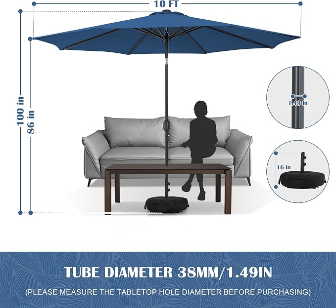 Sundale Outdoor 10 ft Patio Umbrella with Sand Bag Umbrella Base Included, Outdoor Umbrella with Tilt and Crank, Navy