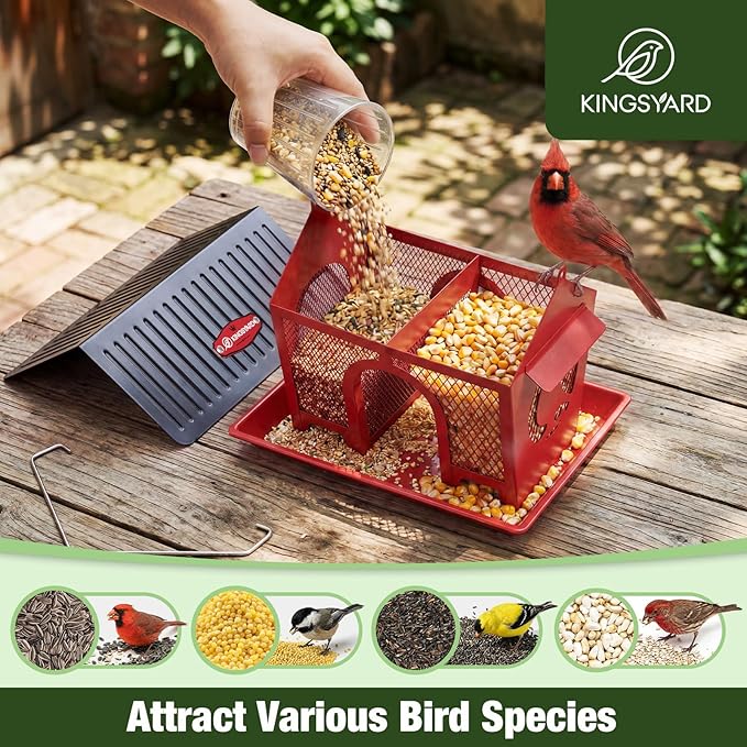 Kingsyard Bird Feeder for Outdoors Hanging, Dual-Use Metal Mesh Wild Bird Feeders with Seed Tray & Weatherproof Roof, 3 lbs Large Capacity, Red
