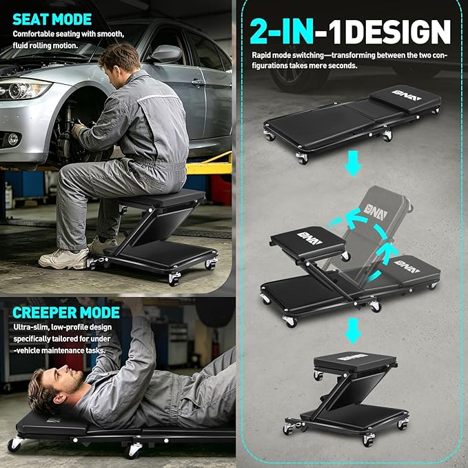 DNA Motoring 36 Inches Folding 2 in 1 Rolling Z Creeper, Adjustable Roller Garage Chair Lay Down or Sit, 6 Pcs Casters, 330 LBS / 150kg Weight Capacity, Black, TOOLS-00493