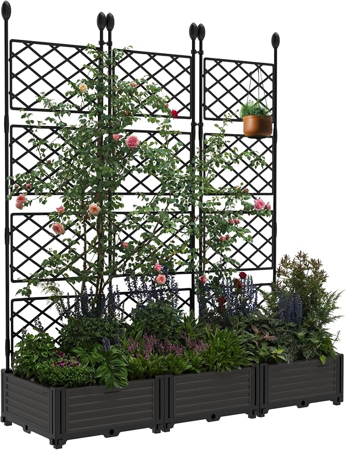CABIHOME Planter Box with Trellis - Plastic Raised Garden Beds & Metal Trellis w/Drain Plug - Outdoor Raised Planter Box Privacy Screen for Climbing Plants, Flowers, Veggies & Fruits
