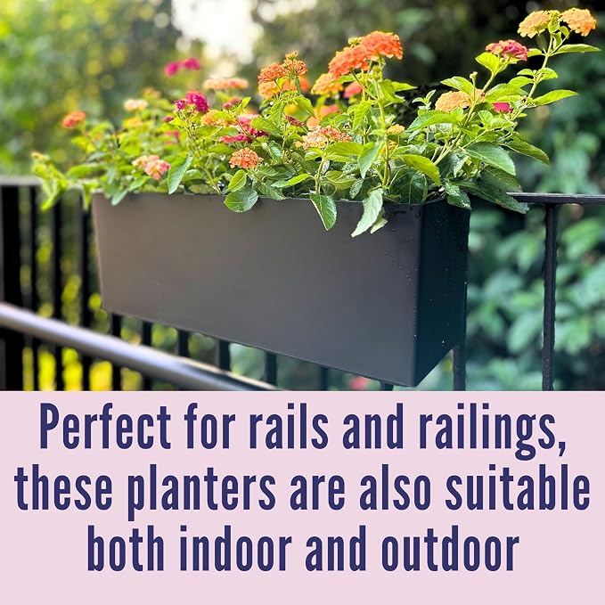 LaLaGreen Deck Railing Planter Boxes (14 Inch, 4 Pack) Self-Watering Window Box Planters with Brackets, Rectangular Hanging Flower Pots for Balcony Fence, Herb Garden Outdoor Black Plastic Planters