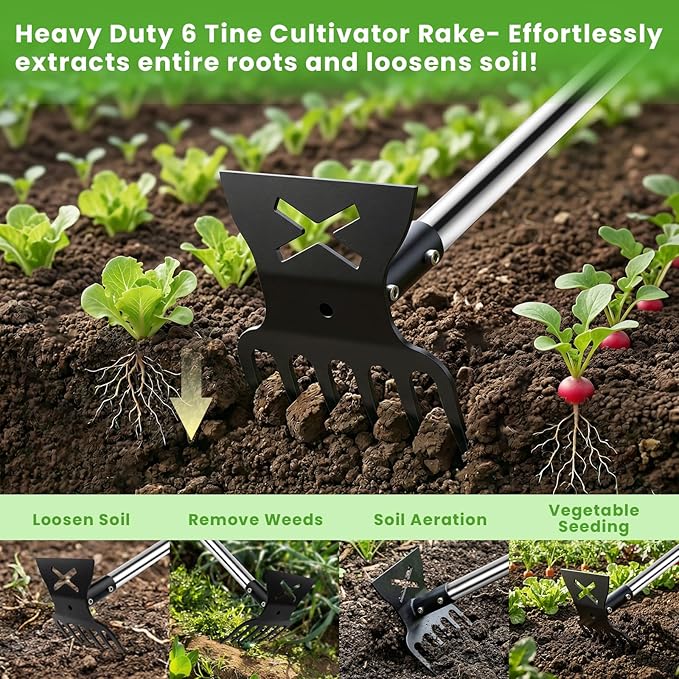 2 in 1 Garden Hoe for Weeding with Cultivator Rake, 57" Garden Weeders and Cultivators, Heavy Duty Hoe Garden Tool with Adjustable Long Handle, Manual Weed Tools for Gardening, Planting,Loosening Soil
