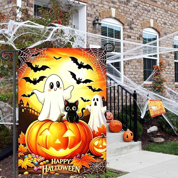 Happy Halloween Ghose Black Cat Garden Flags for Outside 12x18 Inch Double Sided, Small Burlap Holiday Outdoor Garden Flag Halloween Decorations for Home Porch Yard Lawn Décor