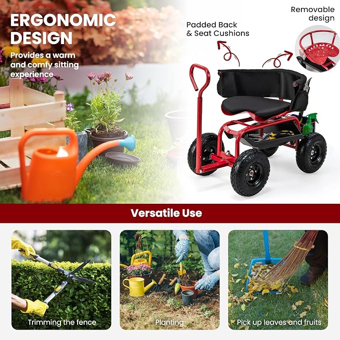 IRONMAX Garden Cart with Seat, Gardening Rolling Stool Scooter with All-Terrain Wheels, Adjustable Steering Handle & Removable Cushion for Planting, Outdoor Gardening Work Seat for Patio, Yard (Red)