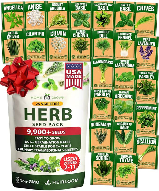 HOME GROWN 25 Herb Seeds for Planting 8,700+ Non-GMO Heirloom Seeds | Extra Large Variety Pack Herb Kit – Indoor Outdoor & Hydroponic | Culinary Seed Set | Grow Your Own Herbs | Gardening Gift