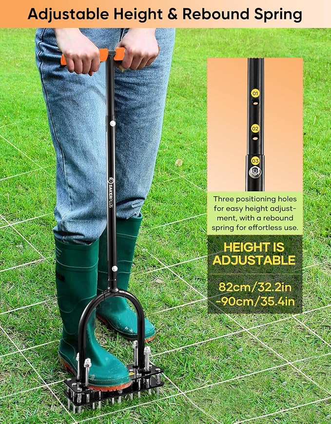 Sakerplus Aerator Lawn Tool, Hand Metal Spike Lawn Aerator with Rebounce Spring Base, Automatic Leaf and Dirt Cleaning, Grass Aerator for Lawn Care, Soil Loosening, Yard Aerating (Black Handle)