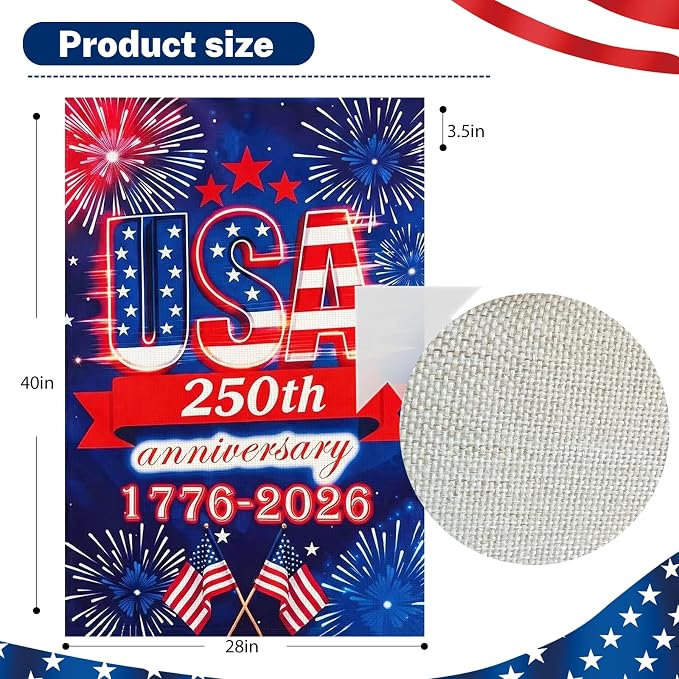 250 Anniversary Usa Garden Flags for Outside, 250 Anniversary USA Flag 1776-2026 Commemorative Patriotic Yard Sign Outdoor Firework Design Banner 4th of July Decorations Double Sided Waterproof 250 Year American Flag 28x40 Inch