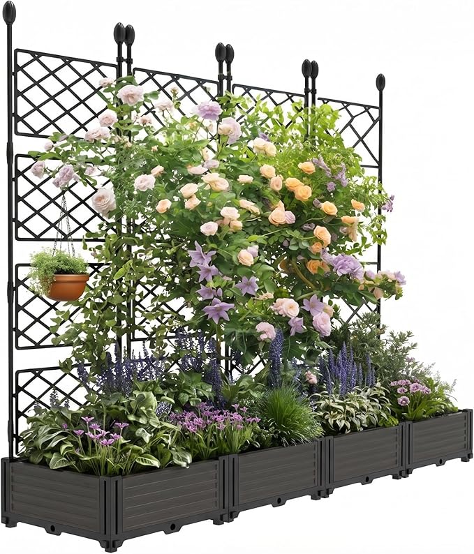 Patikuin 4-Section Sturdy Weather-Resistant Raised Garden Bed with Metal Trellis, Vertical Modular Planter Box & Privacy Screen for Climbing Plants, Vegetables, Flowers