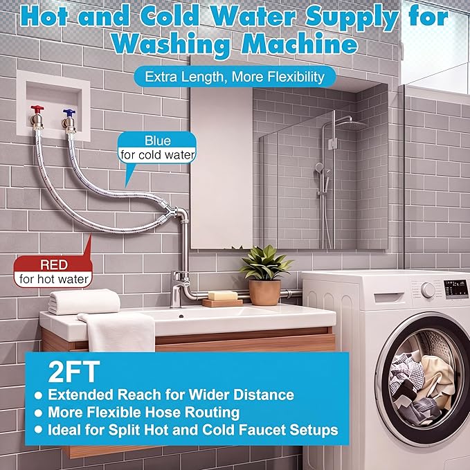 Dreyoo Hose Y Connector, 2 Ft Washing Machine Y Hose Split Stainless Steel, 3/4 Inch Brass Fittings, Hot and Cold Color Coded for Washing Machine Outdoor Faucets(1 Pcs)