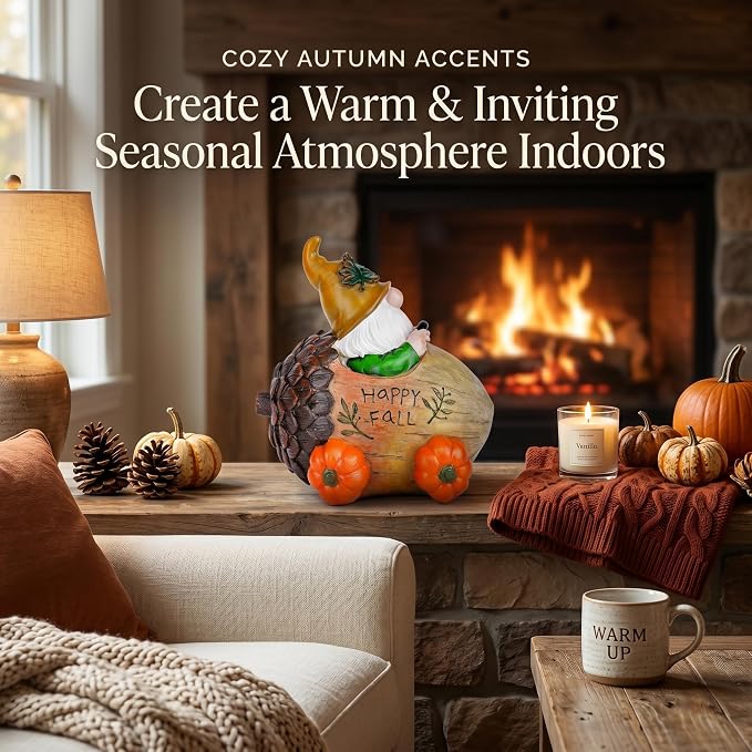 Topadorn Fall Gnome Pine Cone Car Figurine, Resin Harvest Gnome Statue with Pumpkin Wheels and Happy Fall Sign, Thanksgiving Table Decoration, Farmhouse Autumn Decor for Indoor & Outdoor