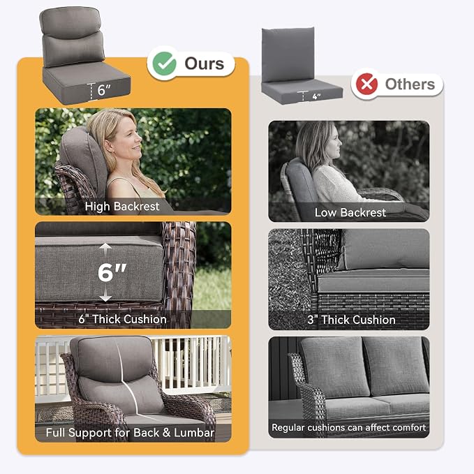 Outdoor Cushion Set for Patio Furniture, UV Resistant, Water Resistant - 6 Inch Thick Dual Layer Back Support Cushions– 24x24 Inch Patio Seat Covers for Chair/Sofa/Couch | Grey | 3-Pack |