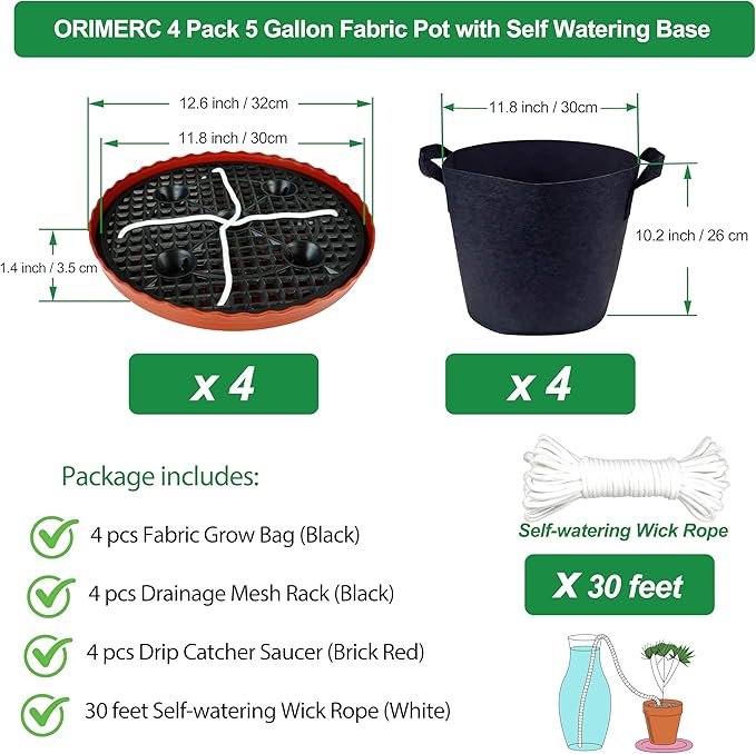 ORIMERC 4 Pack Grow Bags 5 Gallon for Growing Strawberry Tomato Self Watering Planter Fabric Plant Grow Bag Come with Plastic Plant Saucer 300G Thickened Garden Pots to Grow Vegetables, Fruit, Flower