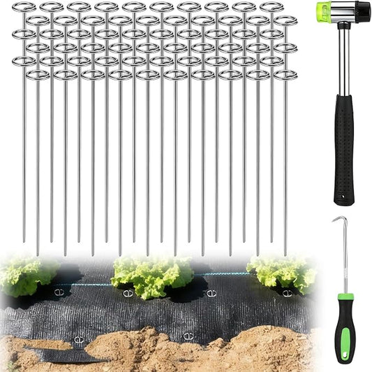 12 Inch Landscape Staples with Hook & Hammer - 60pcs Circle Top Weed Barrier Stakes Kit, 9 Gauge Galvanized Rust-Resistant Garden Fabric Pins, for SOD, Garden Edging, Install & Remove Tools Included