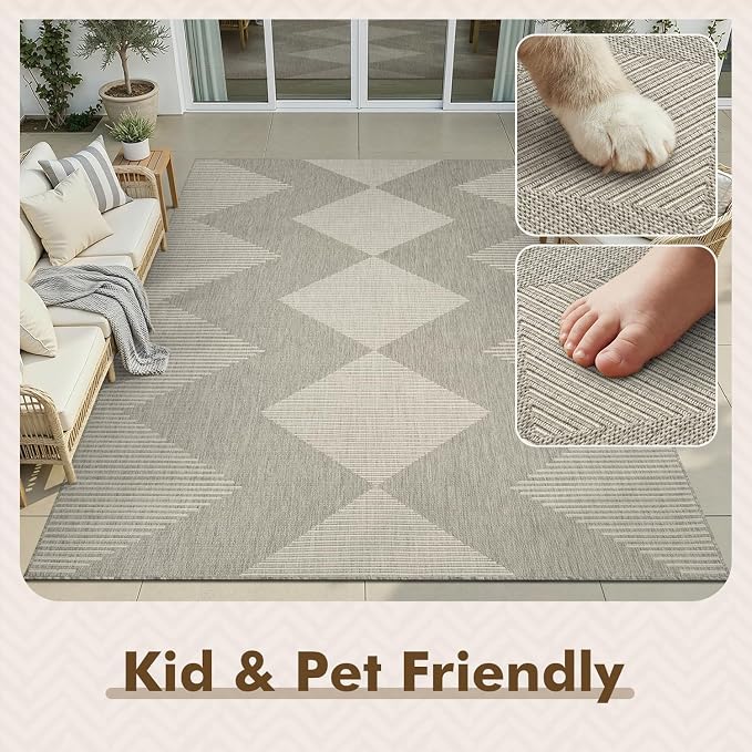 MontVoo-Outdoor Rug Carpet Patio Rug 5x7 ft Polypropylene Indoor Outdoor Rugs for Patio Deck Balcony Porch, Textured Weave, Durable for High Traffic, Fade-Resistant, Boho Geometric Silver Grey