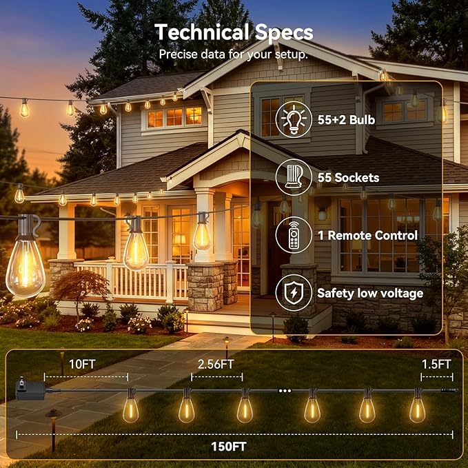 150FT Patio String Lights Outdoor, 55+2 LED Shatterproof Bulbs with Remote & Timer, 2700K Dimmable Waterproof Hanging Decor for Backyard, Garden, Porch, Balcony, Wedding Party Lighting