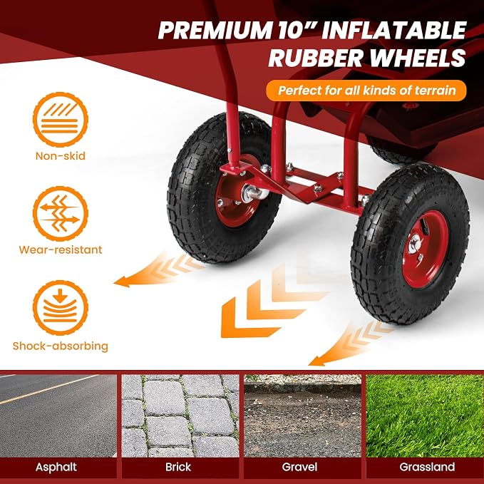 Giantex Garden Cart, Rolling Workseat with 4 Wheels, Tool Tray, Removable Cushion, Storage Basket, 2 Handles, Adjustable Height & 360 Swivel Work Seat, Gardening Stool for Patio Lawn (Red & Black)
